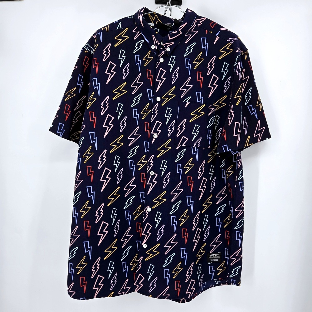WeSC Lightning Bolt Button Up Shirt‎ Mens L Womens XL Unisex Skater Navy Blue